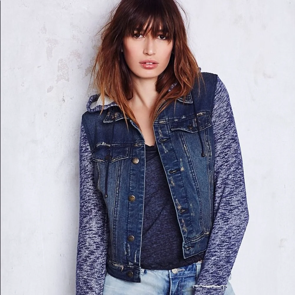 Free People Blue Knit Hooded Denim Jacket XS - Picture 8 of 8